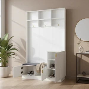 Meuble d'entrée blanc avec banc, crochets et rangement chaussures - Meryl One - lifestyle vue de face