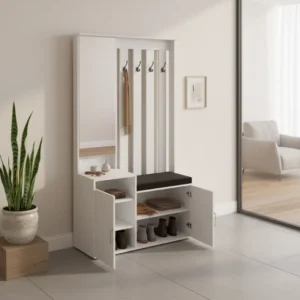 Meuble d'entrée moderne avec miroir et rangement chaussures blanc - Aksel Edition - lifestyle vue de face