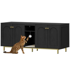Meuble litière pour chat double compartiment noir et or 140 cm - Celia Oak - Photo 1