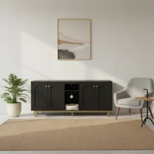 Meuble litière pour chat double compartiment noir et or 140 cm - Celia Oak - lifestyle vue de face