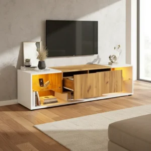 Meuble TV 3 niveaux avec LED et 2 tiroirs 160 cm - Celia - lifestyle vue de face
