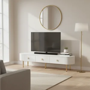 Meuble TV bas blanc 3 tiroirs pieds dorés 174 cm - Talia - lifestyle vue de face