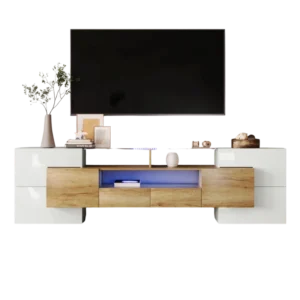 Meuble TV bas blanc brillant avec éclairage LED 200 cm - Ariel Home - Photo 1