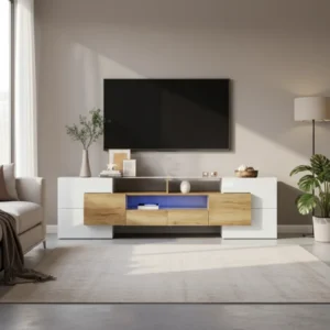 Meuble TV bas blanc brillant avec éclairage LED 200 cm - Ariel Home - lifestyle vue de face