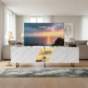 Meuble TV bas effet marbre blanc avec LED et portes 220 cm - Aston Nord - lifestyle vue de face