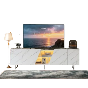 Meuble TV bas effet marbre blanc avec LED et portes 220 cm - Aston Nord - Variante #4026