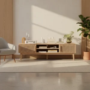Meuble TV bas en bois style scandinave 2 compartiments 150 cm - Kylan Vale - lifestyle vue de face