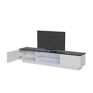 Meuble TV bas moderne 2 portes et étagères en verre 140/160 cm - Ezra - Photo 1