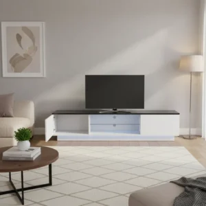 Meuble TV bas moderne 2 portes et étagères en verre 140/160 cm - Ezra - lifestyle vue de face
