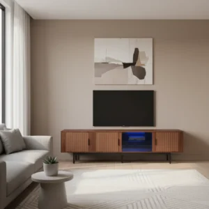 Meuble TV bas moderne avec éclairage LED et portes en verre 200 cm - Ariel Select - lifestyle vue de face