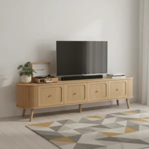 Meuble TV bas vintage 4 portes poignées dorées pieds bois 180 cm - Tilio Casa - mise en situation propre
