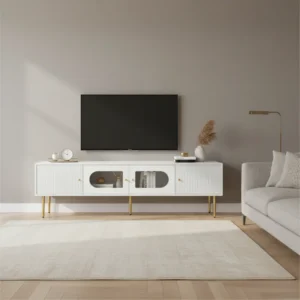 Meuble TV blanc 4 portes pieds et poignées dorés 170 cm - Jules Wood - lifestyle vue de face