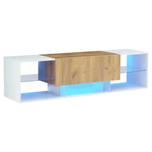 Meuble TV blanc bois 3 niveaux avec LED et 2 tiroirs 160 cm - Mika Edge - Photo 1
