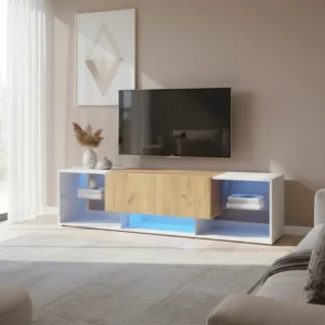 Meuble TV blanc bois 3 niveaux avec LED et 2 tiroirs 160 cm - Mika Edge - lifestyle vue de face