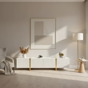 Meuble TV blanc et or 3 portes coulissantes et 2 tiroirs 190 cm - Ivo Loft - lifestyle vue de face