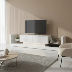 Meuble TV blanc haute brillance avec éclairage LED et tiroirs 181 cm - Niels Mode - lifestyle vue de face