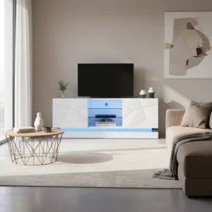 Meuble TV blanc mat avec portes et étagères réglables 160 cm - Ivo - lifestyle vue de face