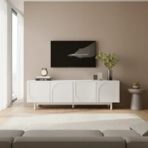 Meuble TV blanc moderne 4 portes 175 cm - Isis - lifestyle vue de face