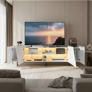 Meuble TV blanc moderne avec éclairage LED 220 cm - Nael Prime - lifestyle vue de face