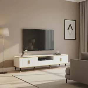 Meuble TV blanc moderne avec tiroir et compartiments 200 cm - Nilo Wood - lifestyle vue de face