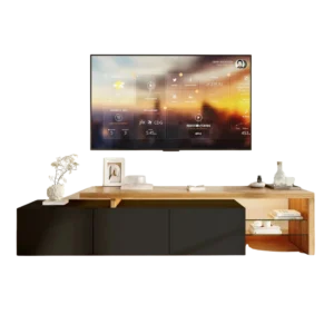 Meuble TV design asymétrique blanc et bois avec éclairage LED - Neya Aura - Photo 1