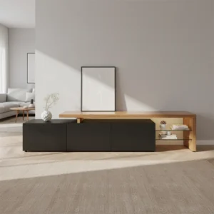 Meuble TV design asymétrique blanc et bois avec éclairage LED - Neya Aura - lifestyle vue de face