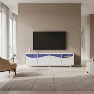 Meuble TV design incurvé blanc brillant avec éclairage LED 175 cm - Noam Nest - lifestyle vue de face