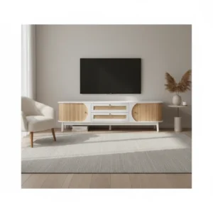 Meuble TV en rotin portes coulissantes et tiroirs 170 cm - Nolan - lifestyle vue de face