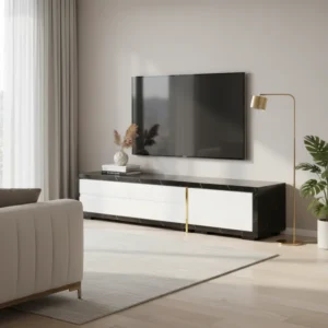 Meuble TV extensible aspect marbre noir et blanc finition dorée 140-260 cm - Curtis Aura - lifestyle vue de face