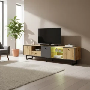 Meuble TV industriel avec éclairage LED et étagères en verre 190cm - Livia Nord - lifestyle vue de face