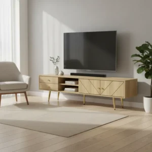 Meuble TV moderne 160 cm avec tiroirs et pieds dorés - Aston Vale