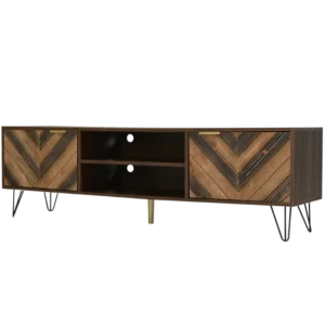 Meuble TV moderne 2 portes bois marron avec poignées dorées 157 cm - Mira - Photo 1