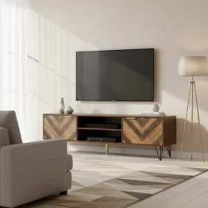 Meuble TV moderne 2 portes bois marron avec poignées dorées 157 cm - Mira - lifestyle vue de face