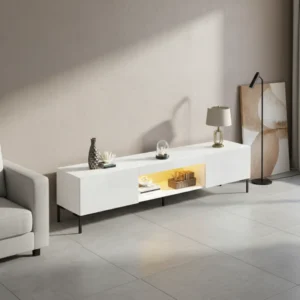 Meuble TV moderne 2 portes et 2 tiroirs blanc et bois 180 cm - Ariel Studio - lifestyle vue de face