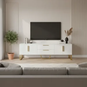 Meuble TV moderne 4 portes sculptées pieds dorés 170 cm - Kirk Atelier - lifestyle vue de face