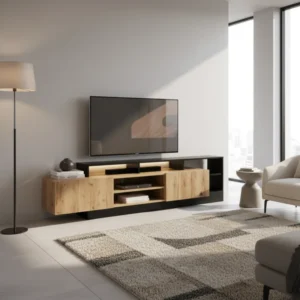 Meuble TV moderne avec éclairage LED et portes rabattables 190 cm - Marlo Casa - lifestyle vue de face