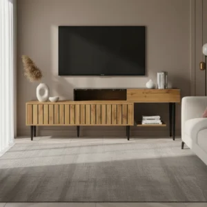 Meuble TV moderne avec étagères 129 cm - Lennox Wood - lifestyle vue de face