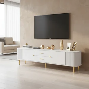 Meuble TV moderne blanc 2 tiroirs 2 portes pieds dorés 170 cm - Luma Nest - lifestyle vue de face
