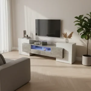 Meuble TV moderne blanc avec éclairage LED 6 portes 200 cm - Avery Studio - lifestyle vue de face
