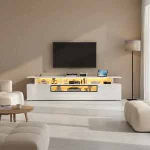 Meuble TV moderne blanc brillant avec LED et tiroir 180cm - Lazlo Nova - lifestyle vue de face