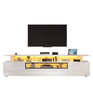 Meuble TV moderne blanc brillant avec LED et tiroir 180cm - Lazlo Nova - Variante #4303