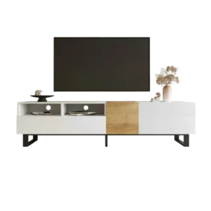 Meuble TV moderne blanc et bois 2 portes 2 tiroirs 180 cm - Noam Studio - Photo 1