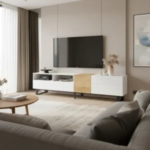 Meuble TV moderne blanc et bois 2 portes 2 tiroirs 180 cm - Noam Studio - lifestyle vue de face