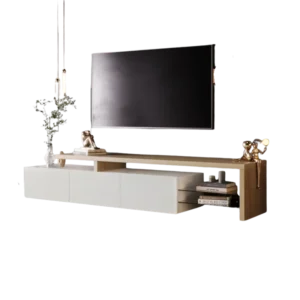 Meuble TV moderne blanc et bois étagères en verre LED 200 cm - Meryl Loft - Photo 1