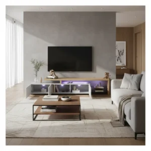 Meuble TV moderne blanc et bois étagères en verre LED 200 cm - Meryl Loft - lifestyle vue de face