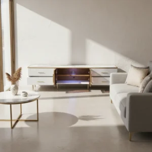 Meuble TV moderne blanc et doré avec LED et portes en verre 170 cm - Noam Vale - lifestyle vue de face