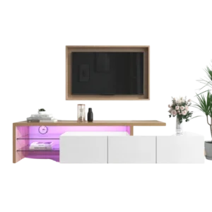 Meuble TV moderne blanc étagères en verre et éclairage LED 198 cm - Mira Oak - Photo 1