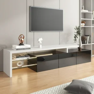Meuble TV moderne blanc étagères en verre et éclairage LED 198 cm - Mira Oak - lifestyle vue de face