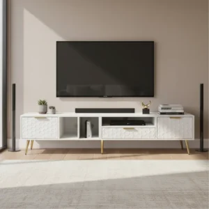 Meuble TV moderne blanc motif nid d'abeille avec portes 180 cm - Mael - lifestyle vue de face