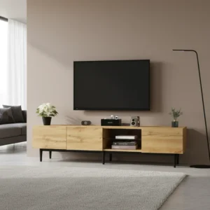 Meuble TV moderne effet bois avec éclairage LED 175 cm - Tilio - lifestyle vue de face